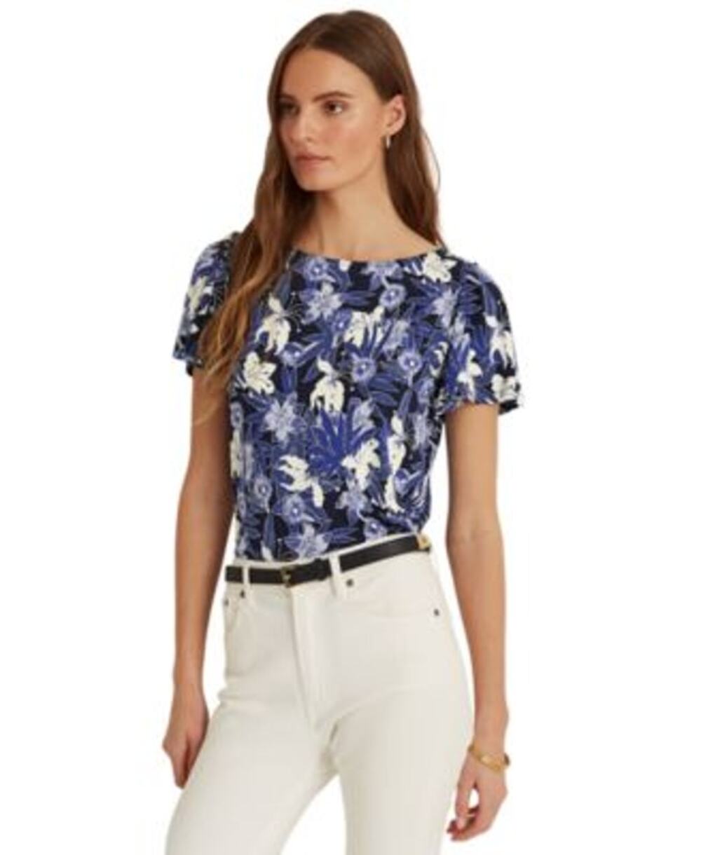 Lauren Ralph Lauren Floral Flutter Sleeve Tee Shirt, Navy Blue & Cream, Size M